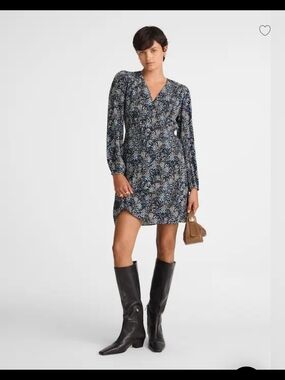 Super Flattering!! Floral V-Neck Long Sleeve Mini Dress - Navy